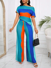 Rainbow Striped Open Shoulder Short Sleeve Top And Pants Set, Daily Casual Wear